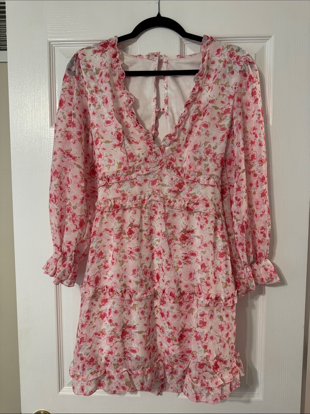 Floral Pink Ruffle V-Neck Mini Dress